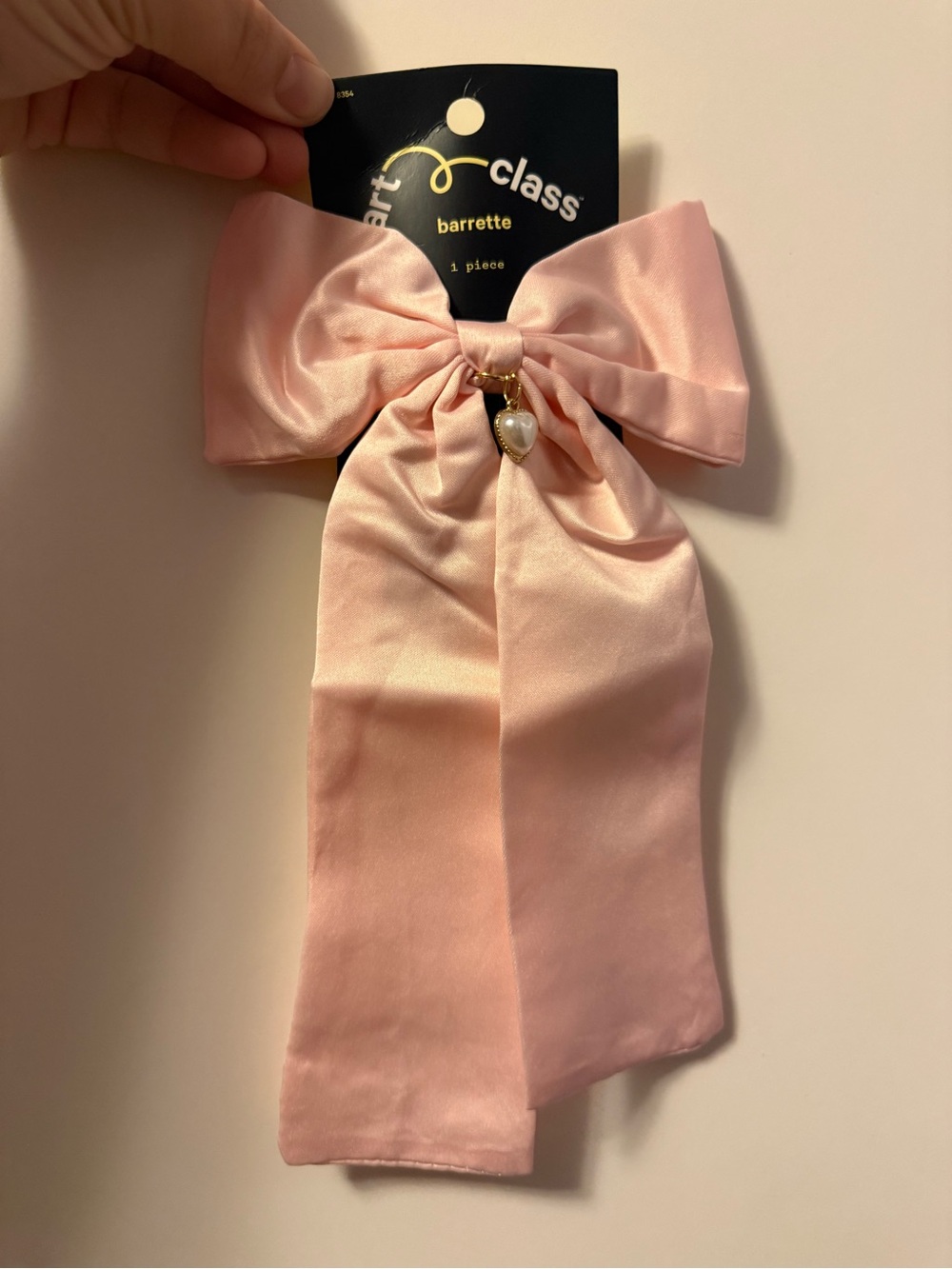 Alice + Olivia Blush Pink Satin Bow Barrette with Pearl Heart Charm